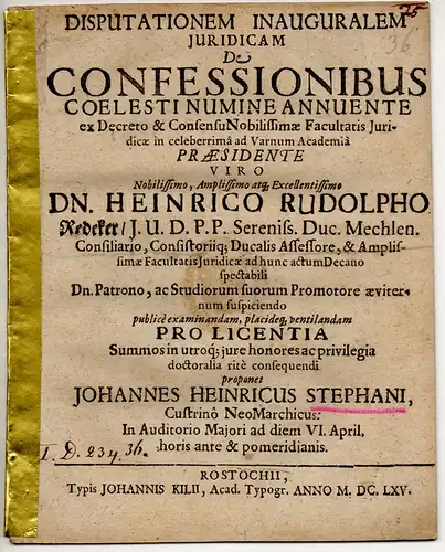 Stephani, Johann Heinrich: aus Küstrin: Juristische Inaugural-Disputation. De confessionibus. 