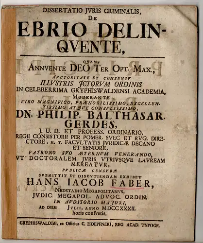 Faber, Hans Jakob: aus Neustadt/Mecklenburg: Juristische Dissertation. De ebrio delinquente. 