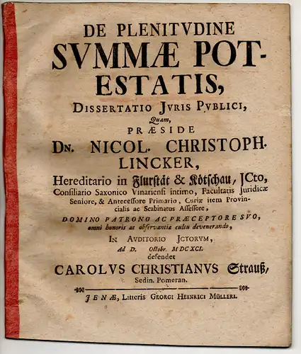 Strauß, Carl Christian: aus Seddin: Juristische Dissertation. De plenitudine summae potestatis. 