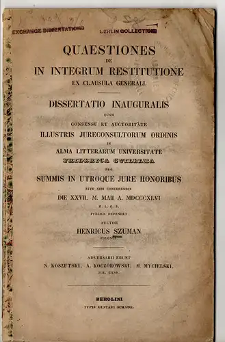 Szuman, Henryk: Quaestiones de in integrum restitutione ex clausula generali. Dissertation. 