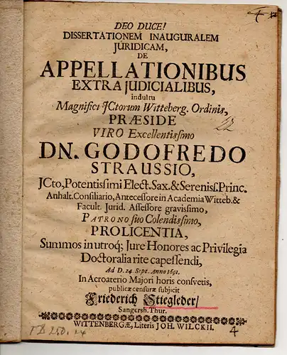 Stiegleder, Friedrich: aus Sangershausen: Juristische Inaugural-Dissertation. De appellationibus extra iudicialibus. 