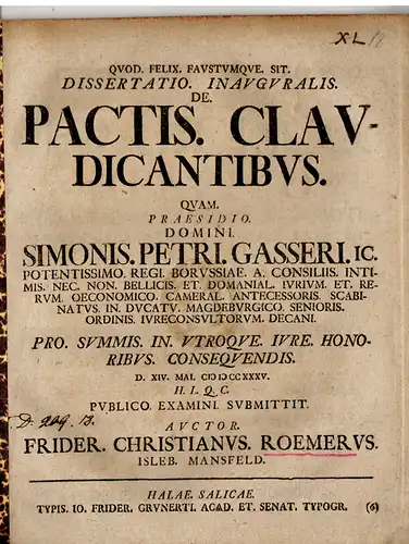 Römer, Friedrich Christian: aus Eisleben: Juristische Inaugural-Dissertation. De pactis claudicantibus. 