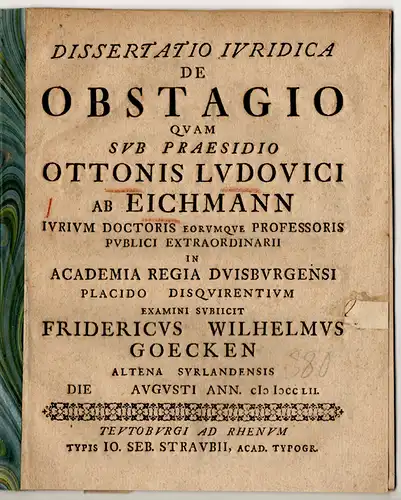 Goecken, Friedrich Wilhelm: Juristische Dissertation. De obstagio. 