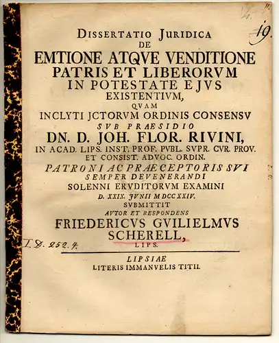 Scherell, Friedrich Wilhelm: aus Leipzig: Juristische Dissertation. De emtione atque venditione patris et liberorum in potestate eius existentium. 