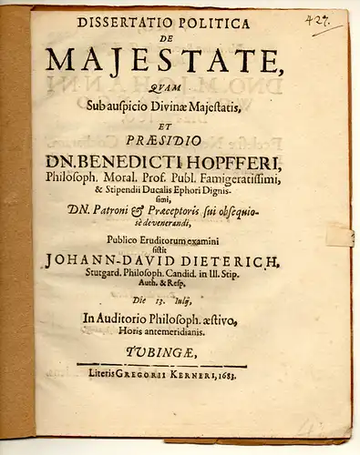 Dieterich, Johann David: aus Stuttgart: Dissertatio politica De Majestate. 