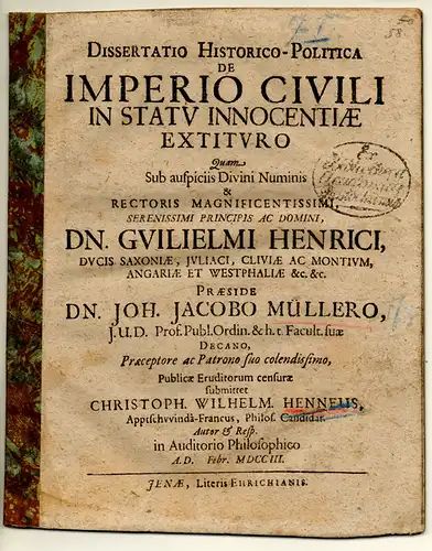 Henne, Christoph Wilhelm: aus Abtswind: Dissertatio historico-politica de imperio civili in statu innocentiae extituro. 