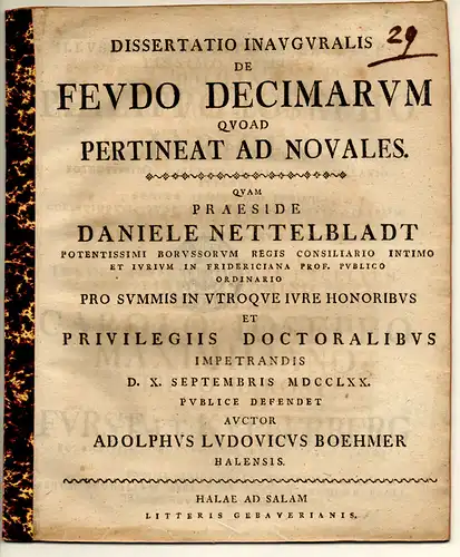 Böhmer, Adolph Ludwig: aus Halle: Juristische Inaugural-Dissertation. De feudo decimarum, quoad pertineat ad novales. 