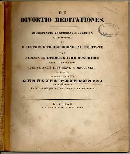 Friederici, Georg: aus Reutnitz: De divortio meditationes. Dissertation. 