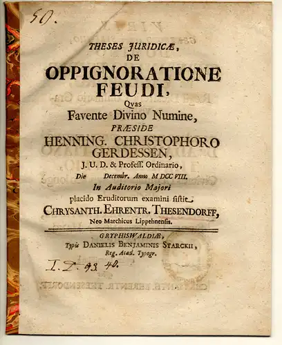 Thesendorff, Chrysant Ehrentraut: Theses iuridicae de oppignoratione feudi. 