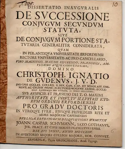 Schumann, Johann Caspar: aus Gotha: Juristische Inaugural-Dissertation. De successione coniugum secundum statuta sive de coniugum portione statutaria generaliter considerata. 