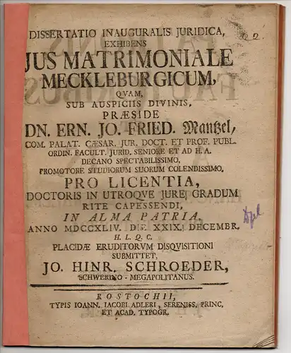 Schröder, Johann Hinrich: aus Schwerin: Juristische Inaugural-Dissertation. Ius Matrimoniale Meckleburgicum. 