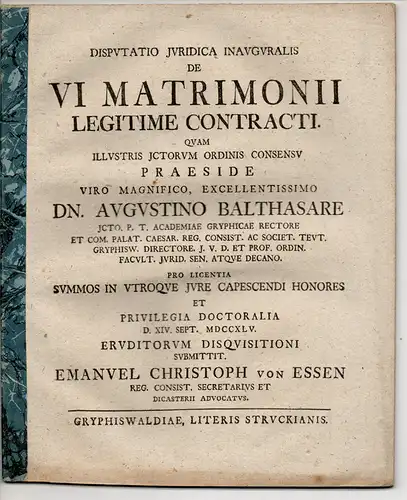 Essen, Emmanuel Christoph von: Juristische Inaugural-Disputation. De vi matrimonii legitime contracti. 