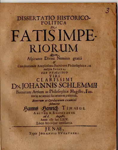 Timaeus, Johann Heinrich von: Dissertatio historico-politica de fatis imperiorum. 