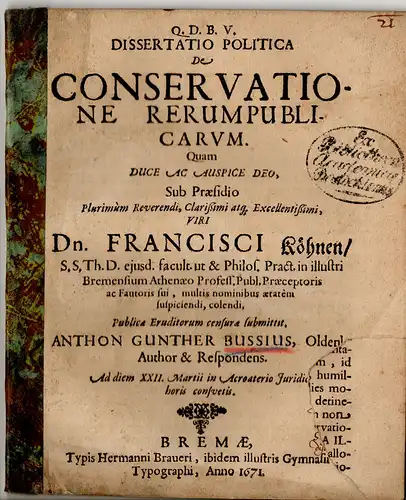 Busse, Anton Günter: aus Oldenburg: Dissertatio Politica De Conservatione Rerumpublicarum. 