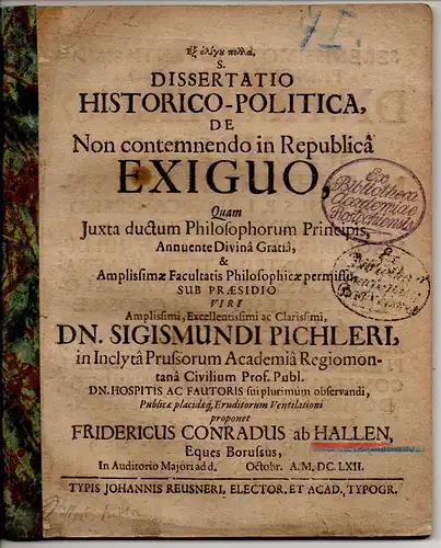 Hallen, Friedrich Konrad von: Dissertatio historico-politica de Non contemnendo in Republica Exiguo. 
