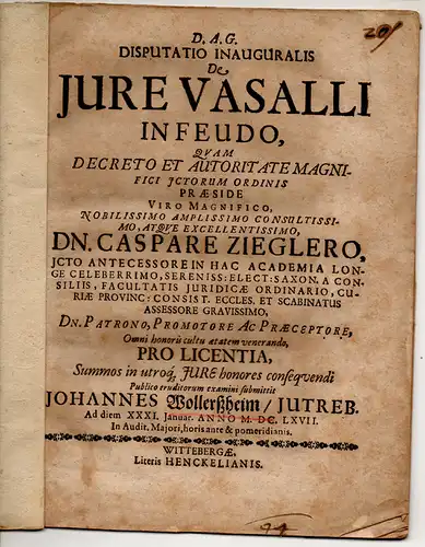 Wollerssheim, Johann: aus rborg: Juristische Inaugural-Disputation. De iure vasalli in feudo. 