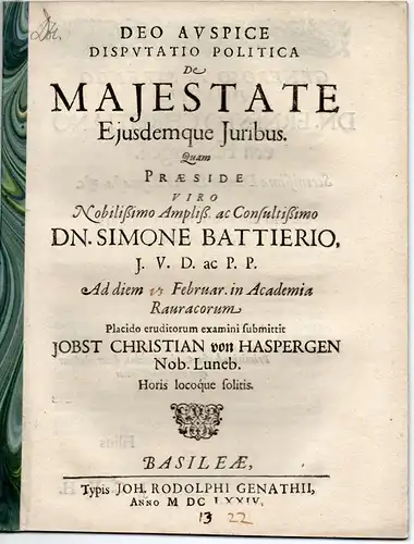 Haspergen, Jobst Christian von: aus Lüneburg: Disputatio politica de maiestate eiusdemque iuribus. 