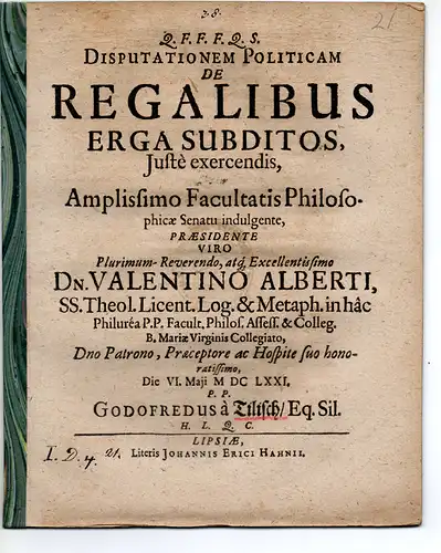 Tilisch, Gottfried von: Disputationem politicam. De regalibus erga subditos, iuste exercendis. 