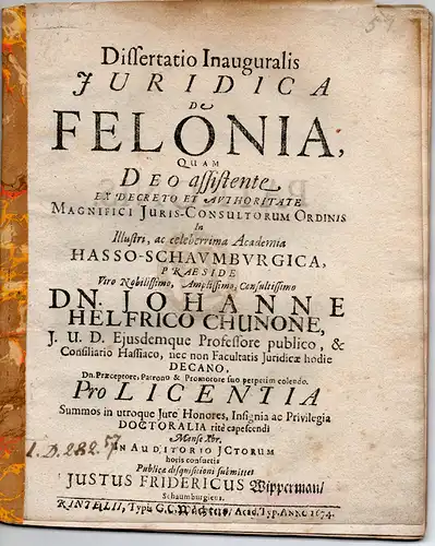 Wippermann, Justus Friedrich: aus Schaumburg: Juristische Inaugural-Dissertation. De felonia. 