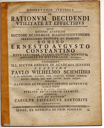 Sartorius, Carl Friedrich: aus Danzig: Juristische Dissertation. De rationum decidendi utilitate et effectibus. 