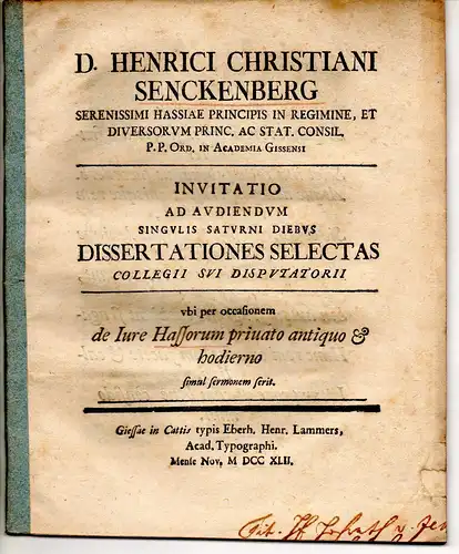 Senckenberg, Heinrich Christian von: Commentatio de iure Hassorum privato antiquo et hodierno. 
