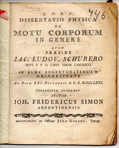 Simon, Johann Friedrich: aus Straßburg: Dissertatio Physica De Motu Corporum In Genere. 