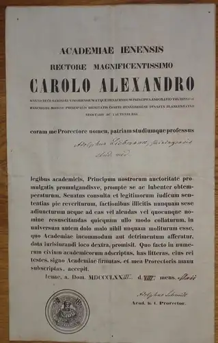 Schmid, Adolph: Eigenhändig unterschriebene Bescheinigung der erfolgreichen medizinischen Doktor-Disputation von Adolph Liebmann vom 08. Mai 1873. 