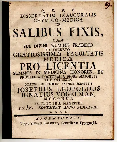 Vogelman (Vogelmann), Joseph Leopold Ignaz: Dissertatio inauguralis chymico-medica de salibus fixis. 
