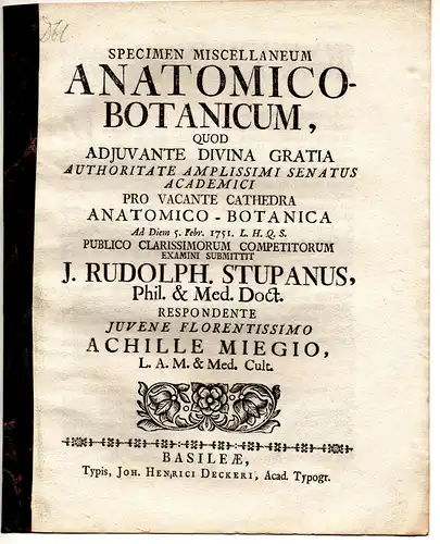 Mieg, Achilles: Specimen miscellaneum anatomico-botanicum. 