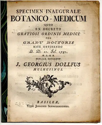 Dollfus, Johann Georg: aus Mülhausen: Specimen inaugurale botanico-medicum. 
