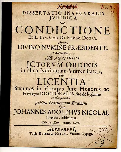 Nicolai, Johann Adolf: aus Dresden: Juristische Inaugural-Dissertation. De condictione ex l. fin. Cod. De revoc. Donat. 