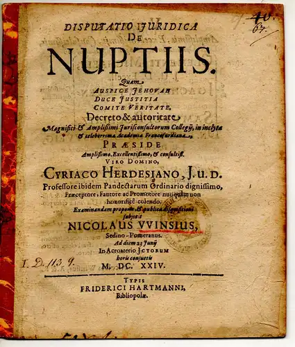 Winsius, Nicolaus: aus Stettin: Juristische Disputation. De nuptiis. 