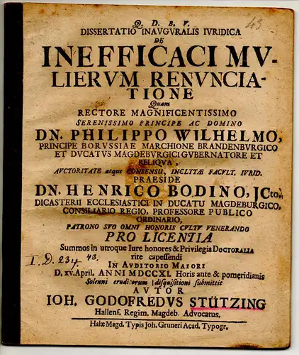 Stützing, Johann Gottfried: Halle, Saale: Juristische Inaugural-Dissertation. De inefficaci mulierum renunciatione. 