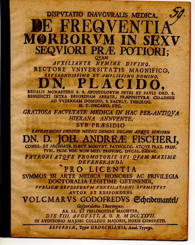 Scheidemantel, Volkmar Gottfried: Gispersleben: Medizinische Inaugural-Disputation. De Frequentia Morborum In Sexu Sequiori Prae Potiori. 