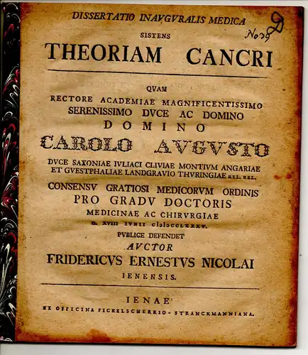 Nicolai, Friedrich Ernst: aus Jena: Medizinische Inaugural-Dissertation. Theoriam Cancri. 