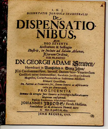 Jacobs, Johann: aus Flensburg: Juristische Inaugural-Dissertation. De dispensationibus. 