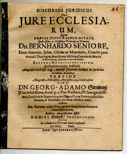 Bischoff, Daniel: aus Breslau: Discursus iuridicus de iure ecclesiarum. 
