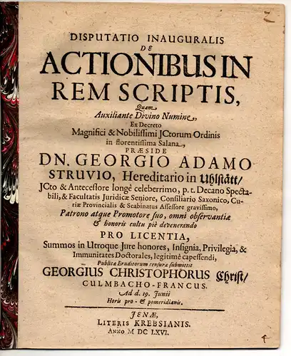 Christ, Georg Christoph: aus Kulmbach: Juristische Inaugural-Disputation. De actionibus in rem scriptis. 