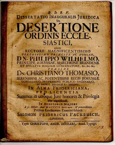 Packbusch, Salomon Friedrich: aus Leipzig: Juristische Inaugural-Dissertation. De desertione ordinis ecclesiastici. 