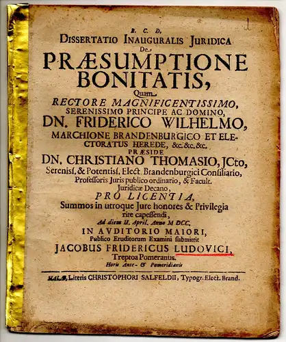 Ludovici, Jacob Friedrich: aus Pommern: Juristische Inaugural-Dissertation. De praesumptione bonitatis. 