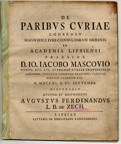 Zech, August Ferdinand von: Juristische Disputation. De paribus curiae. 