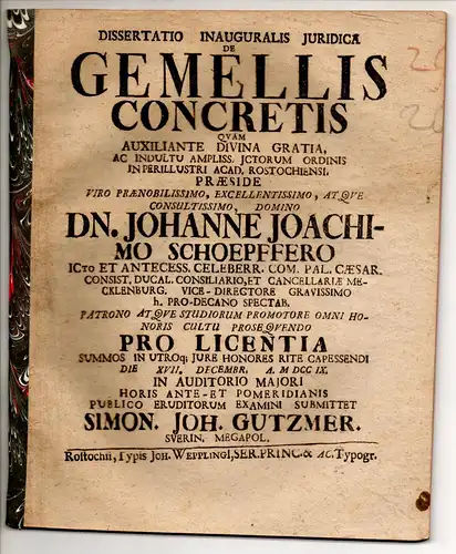 Gutzmer, Simon Johann: aus Schwerin: Juristische Inaugural-Dissertation. De gemellis concretis. 