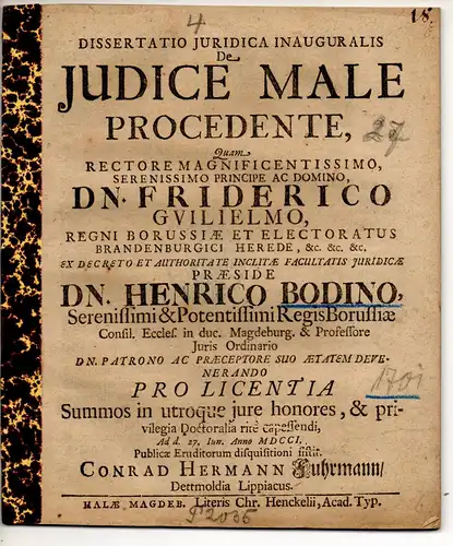 Fuhrmann, Conrad Hermann: aus Detmold: Juristische Inaugural-Dissertation. De iudice male procedente. 