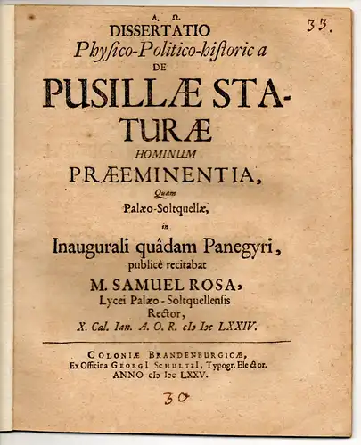 Rosa, Samuel: Dissertatio Physico-Politico-historica De Pusillae Staturae Hominum Praeeminentia. 