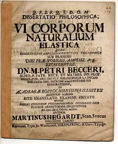 Hegardt, Martin: Dissertatio Philosophica, De vi corporum naturalium elastica. 
