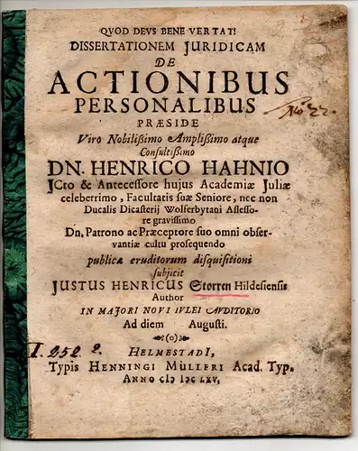 Storren, Justus Heinrich von: aus Hildesheim: Juristische Dissertation. De actionibus personalibus. 