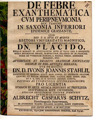 Schytz (Schütz), Albrecht Caspar: aus Herzberg: Medizinische Dissertation. De febre exanthematica cum peripneumonia : hoc tempore in Saxonia inderiore epidemice grassante. 