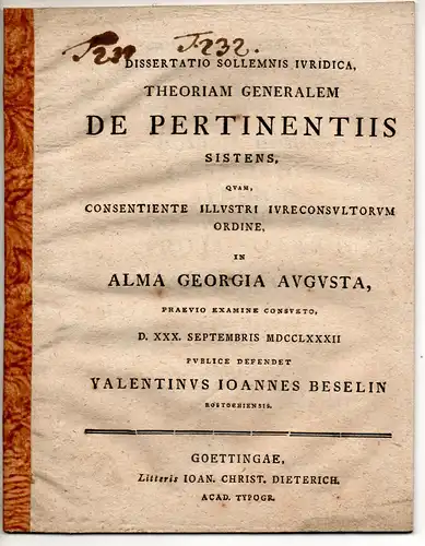 Beselin, Valentin Johann: aus Rostock: Juristische Dissertation. Theoriam generalem de pertinentiis. 