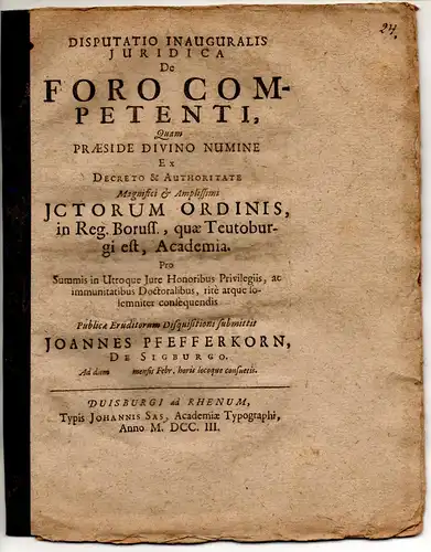 Pfefferkorn, Johann: Juristische Inaugural-Disputation. De foro competenti. 