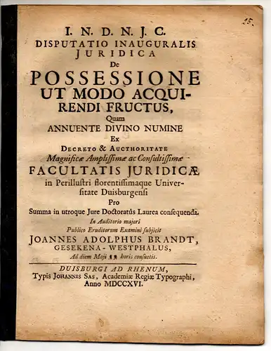 Brandt, Johann Adolph: aus Geseke: Juristische Inaugural-Disputation. De possessione ut modo acquirendi fructus. 